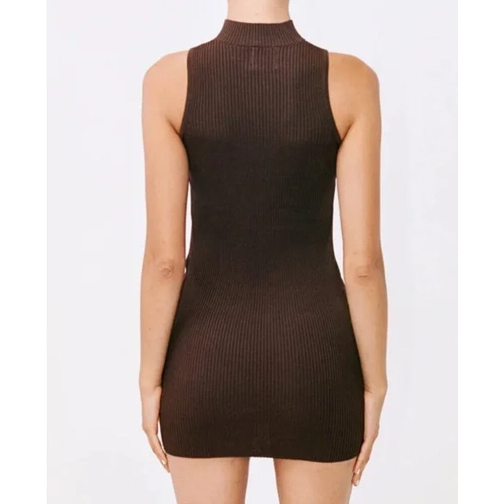 With Jean Amethyst Mini Dress Ribbed Lace Up Mock Neck Sleeveless Bodycon Brown - Picture 12 of 13